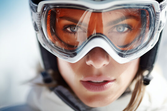 Close-up of a female skier wearing reflective ski goggles, looking into the distance. Winter sports portrait with snowy mountains reflected in lenses, concept of adventure and focus. - Powered by Adobe