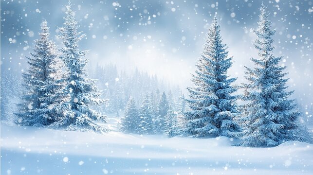 A winter snow scene, a pine forest covered in snow, snowflakes falling gently, a winter wonderland shrouded in mist, a peaceful snowy landscape, with soft snowfall creating a magical winter backdrop. - Powered by Adobe