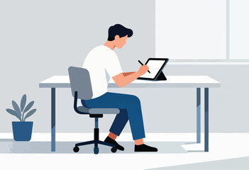 A person sketches on a tablet at a minimalist desk, beside a plant, in a pale room, with natural light