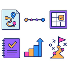 Obraz premium Minimalistic Strategic Planning. Strategic Planning flat icon set: roadmap sheet, timeline bar, goal marker, priority grid, strategy arrows, planning notebook, step sequence