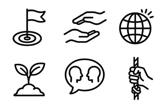 Icons of Meaningful Work. Meaningful Work Set linear icon set: goal flag, supportive gesture, impact icon, growth plant, shared vision bubble, commitment line