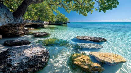 A beautiful coastal scene featuring clear turquoise water, rocks, and lush green trees under a bright blue sky. The image captures a sense of tranquility and na