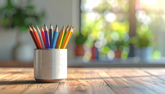 Vibrant colored pencils in wooden holder on sunlit surface evoking creativity, warmth, and artistic organization