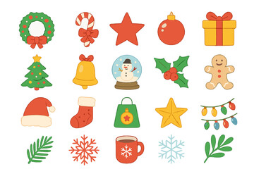 Colorful Christmas decorations including wreath, stars, and snowman in festive shapes and designs for holiday celebration