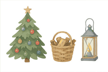 Christmas decor with a tree, basket of firewood, and lantern for a cozy holiday atmosphere