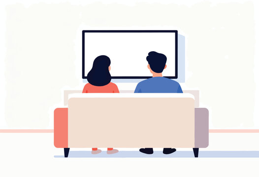 Illustration shows two people seated on a couch watching a blank TV screen, minimalist style, from rear view