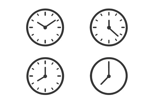 Various clock designs showing different times in a minimalist style ideal for modern decor or educational purposes
