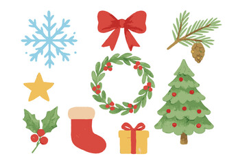 Festive collection of hand-drawn Christmas decorations featuring snowflakes, wreaths, and Christmas trees