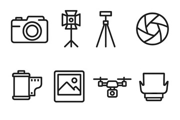 Photography Icon Set. Photographer linear icon set: compact camera, studio light, tripod, aperture blades, photo reel, gallery image, drone camera, lens hood