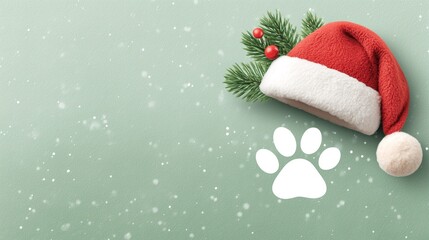 Christmas Pet Theme with Santa Hat and Paw Print on Snowy Mint Background, Festive Animal Care and Holiday Celebration Concept for Seasonal Marketing and Pet Product Promotion