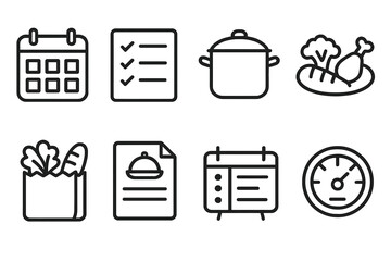 Meal Planning Icons. Meal Planning linear icon set: food calendar, checklist icon, cooking pot, healthy plate, grocery bag, recipe sheet, schedule board, nutrition meter