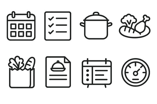 Meal Planning Icons. Meal Planning linear icon set: food calendar, checklist icon, cooking pot, healthy plate, grocery bag, recipe sheet, schedule board, nutrition meter