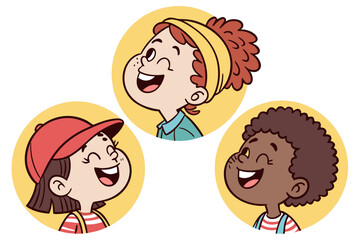 Happy kids avatars. Cute children smiling, boy girl in rounds vector set. Illustration girl and boy avatar, happy kids, child happiness