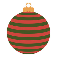 Festive red and green striped christmas ornament hanging with a gold cap and loop isolated on white