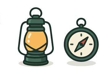 Lantern and compass on a simple background, symbolizing adventure and exploration during nighttime journeys
