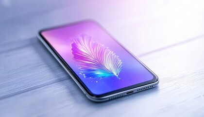 A modern smartphone with a colorful abstract design on its screen, resting on a light-colored wooden surface, illuminated by bright, soft light.
