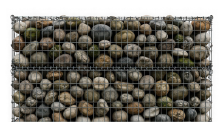 Gabion wall filled with natural river stones isolated on transparent background