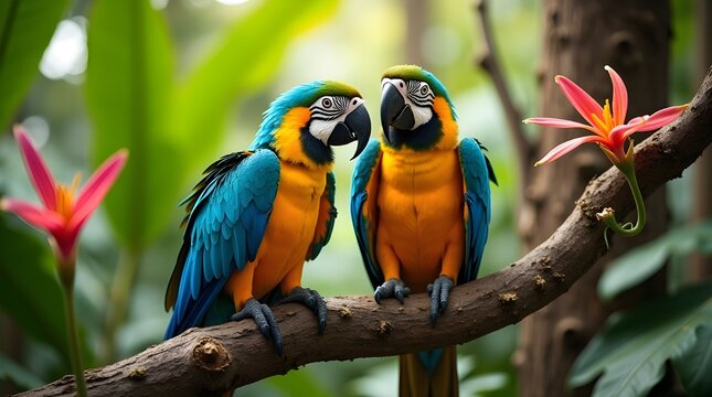 Two colorful blue and yellow macaws perched on a branch in a lush jungle setting