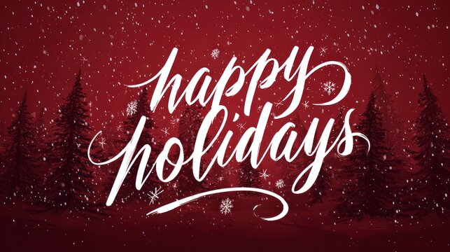 Elegant happy holidays script with winter trees and falling snow