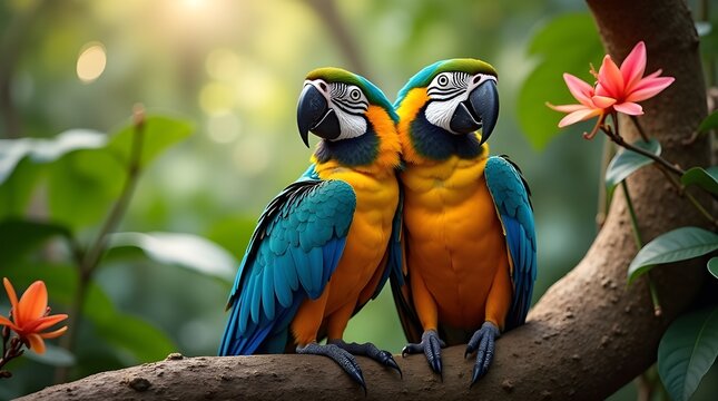 Two colorful blue and gold macaws perched on a tree branch in a lush jungle