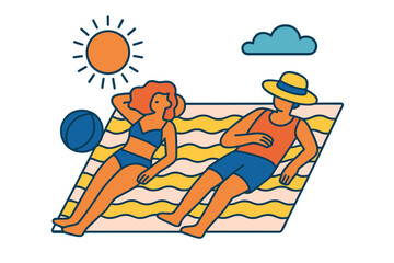 Couple relaxing on a beach towel under the sun with beach ball nearby during a summer afternoon