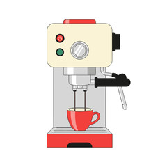 Stylized coffee machine illustration showcasing brewing process with a red cup for beverage