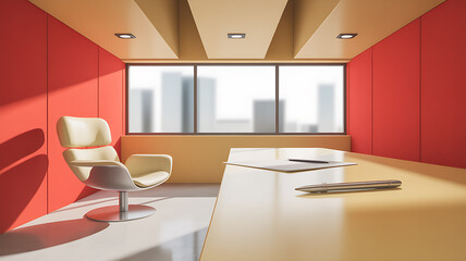 Modern office interior with bright red walls a comfortable swivel chair and a large window offering city views creating a professional and inviting workspace
