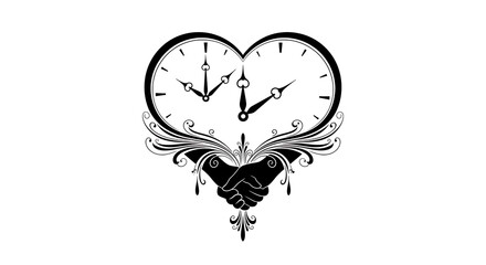 A graphic of two clocks forming a heart shape with a handshake and flourishes in black and white silhouette