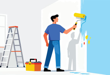 A person paints a blue wall with a paint roller in a room, accompanied by a ladder and toolbox