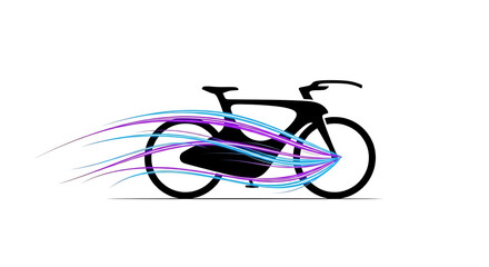 A black silhouette of a bicycle with blue and purple motion lines on a white background design art