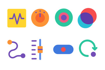 Vibrant Sound Design Icons. Sonic Experimentation flat icon set: pulse wave, modulation knob, resonant disc, layered tones, echo path, frequency slider, sound bead, rhythmic loop