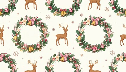 Festive Christmas pattern featuring elegant reindeer and floral wreaths with bells and bows.