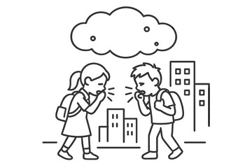 Children arguing in an urban setting while carrying backpacks during a cloudy afternoon