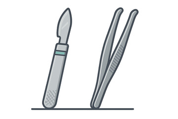 Surgical tools including a scalpel and tweezers designed for precise medical procedures and operations