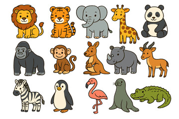 Obraz premium Diverse animals gather in a vibrant, playful illustration showcasing a lion, tiger, elephant, and more in a fun jungle setting