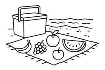 Picnic scene at the beach with fresh fruits and a cooler box on a sunny day