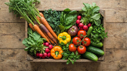 topdown. Wooden crate filled with assorted fresh vegetables, photographed from a top-down perspective with soft overhead light. menu design.