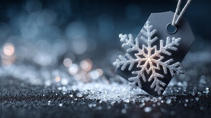 Glittering Snowflake Ornament on Elegant Gift Tag with Frosty Background, Winter Clearance and Holiday Sale Concept in Luxury Blue and Silver Tones for Seasonal Marketing Design