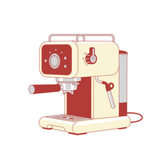 Minimalist retro coffee machine illustration, vibrant red and soft cream tones, adding an elegant
