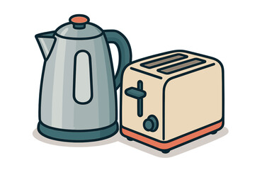 Kitchen appliances ready for breakfast preparation with an electric kettle and toaster on countertop