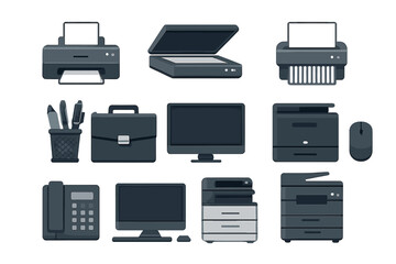 Office equipment collection featuring printers, scanners, and accessories for a functional workspace
