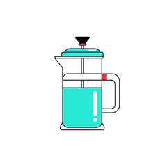Minimalist illustration of a French press with light blue liquid filled inside