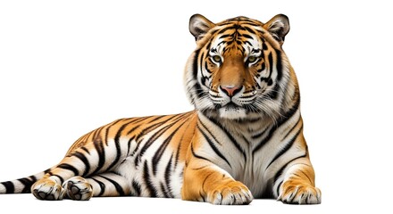 A powerful Bengal tiger is captured in a relaxed pose, lying down against a stark white background. Its iconic orange and black striped fur is detailed, and it looks directly at the viewer.