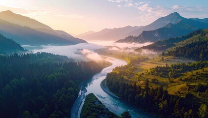 Aerial view of a river winding through a valley surrounded by mountains and forests, with fog and a beautiful sunrise.