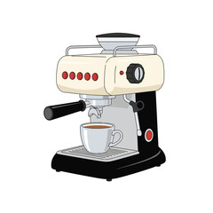 Stylized espresso machine illustration with creamy and black color scheme on white background