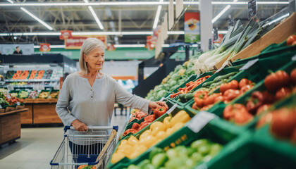 Elderly Woman Grocery Shopping for Fresh Vegetables in Supermarket Produce Aisle
