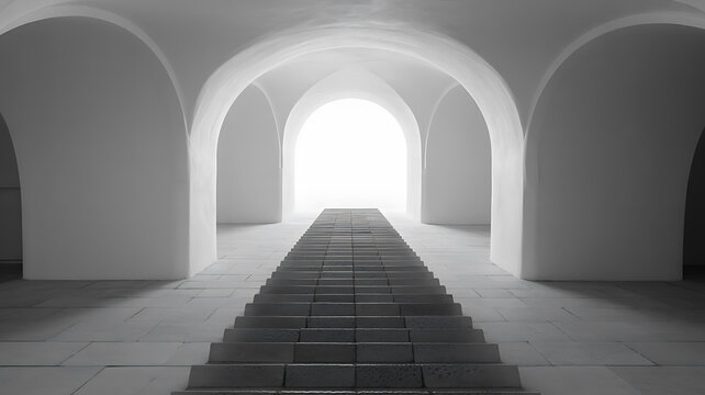 A long arched corridor bathed in bright light at the far end creating a dramatic perspective and a sense of mystery and exploration