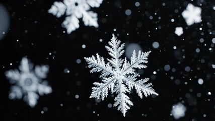 Closeup macro photograph of intricate, detailed ice crystal snowflakes falling against a stark black background during a winter snowstorm - Powered by Adobe
