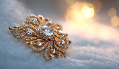 Fototapeta premium A stunning jewelry piece lies delicately on a bed of soft snow, showcasing intricate designs and sparkling gems in a winter wonderland.