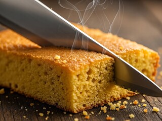 A close-up view of a knife slicing through a warm, freshly baked cake.